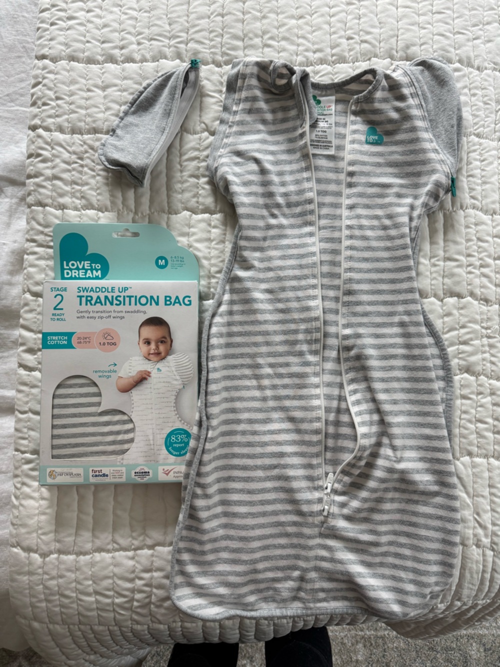 Love to Dream Gray & White Striped Transition Sleep Sack / Swaddle